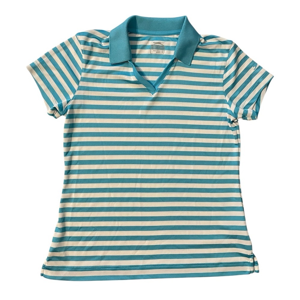 Slazenger V-neck Shirt Golf Collared Women Size S Blue White Stripe Short Slv